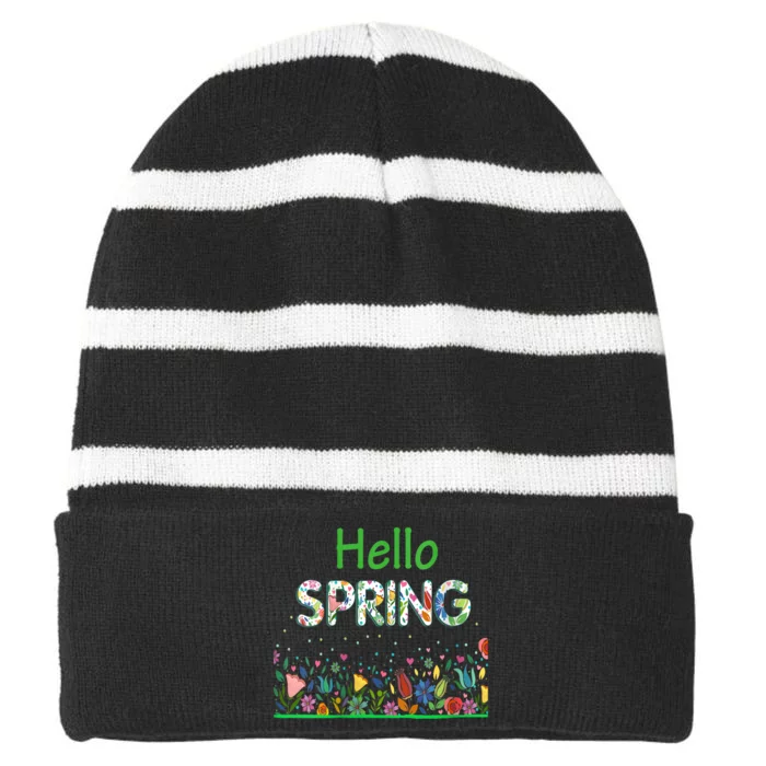 Hello Spring Flowers Bloom Floral First Day Of Spring Saying Striped Beanie with Solid Band