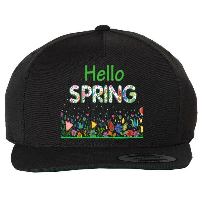 Hello Spring Flowers Bloom Floral First Day Of Spring Saying Wool Snapback Cap