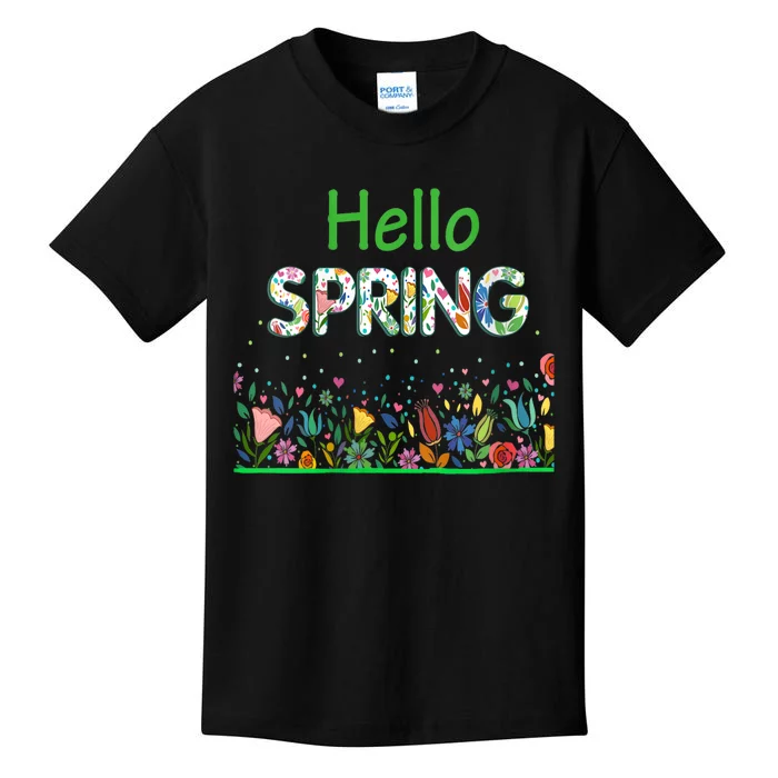 Hello Spring Flowers Bloom Floral First Day Of Spring Saying Kids T-Shirt