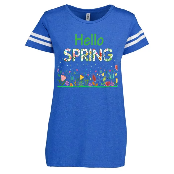 Hello Spring Flowers Bloom Floral First Day Of Spring Saying Enza Ladies Jersey Football T-Shirt