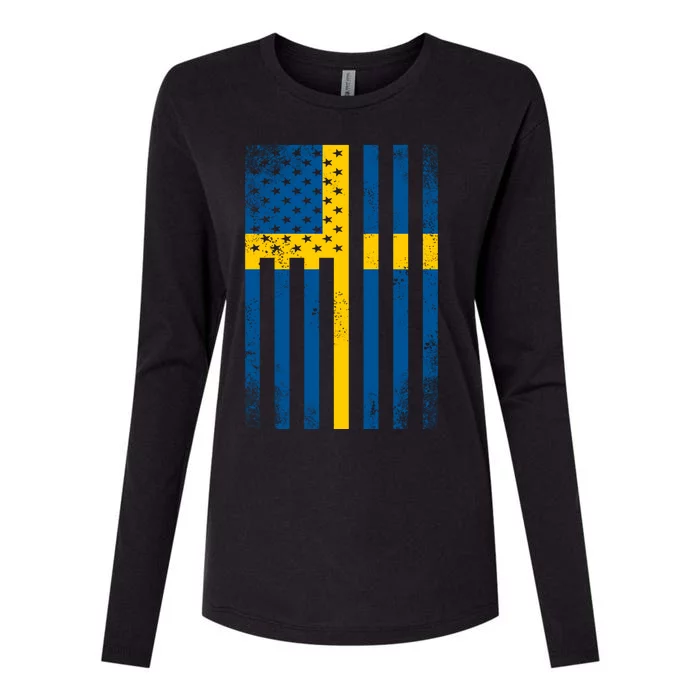 Half Swedish Flag Vintage American Inside Me Usa Gift Great Gift Womens Cotton Relaxed Long Sleeve T-Shirt