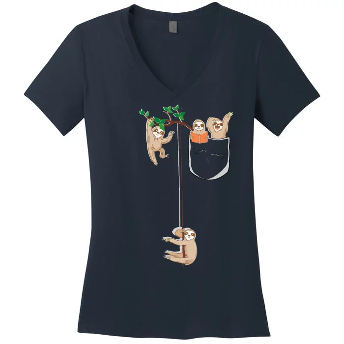 Happy Sloth Family Habitat In Pocket Women's V-Neck T-Shirt