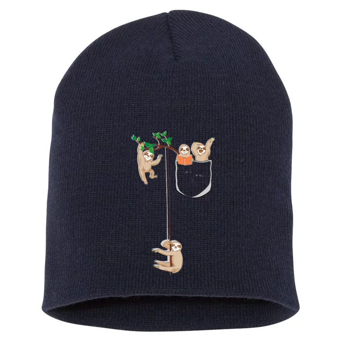 Happy Sloth Family Habitat In Pocket Short Acrylic Beanie