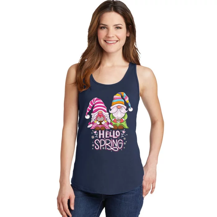 Hello Spring Floral Gnomes Couple Daisy Flowers Spring Gnome Ladies Essential Tank