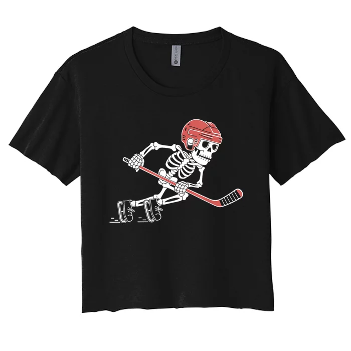 Halloween Spooky Funny Skeleton Playing Ice Hockey Lovers Gift Women's Crop Top Tee