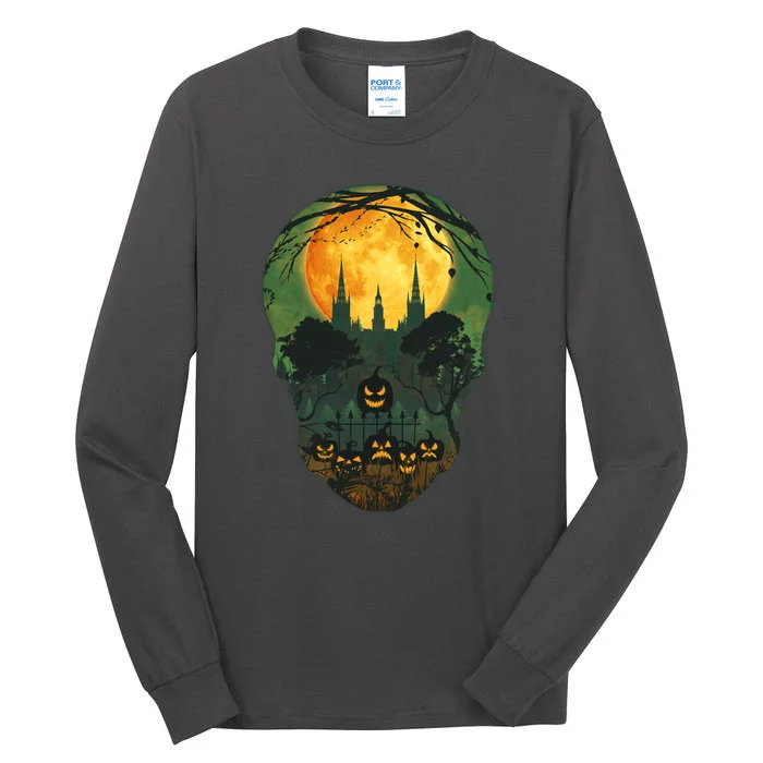 Halloween Spooky Full Moon Castle Skull Tall Long Sleeve T-Shirt