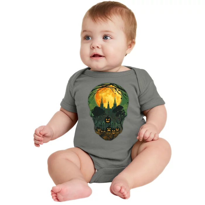 Halloween Spooky Full Moon Castle Skull Baby Bodysuit