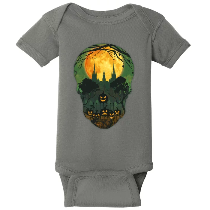 Halloween Spooky Full Moon Castle Skull Baby Bodysuit