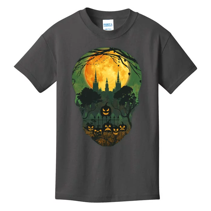 Halloween Spooky Full Moon Castle Skull Kids T-Shirt