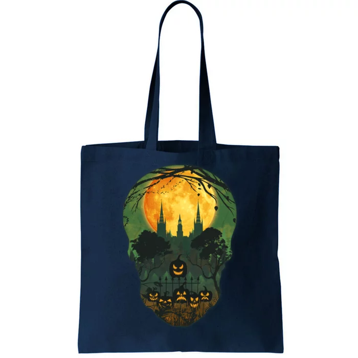 Halloween Spooky Full Moon Castle Skull Tote Bag