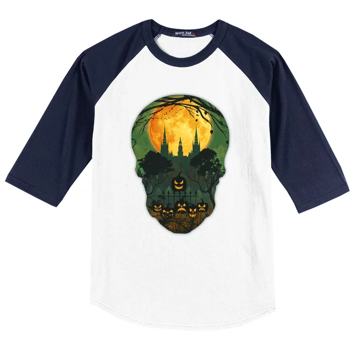 Halloween Spooky Full Moon Castle Skull Baseball Sleeve Shirt