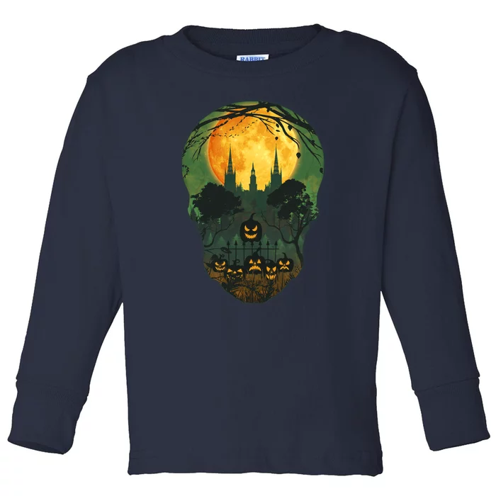 Halloween Spooky Full Moon Castle Skull Toddler Long Sleeve Shirt