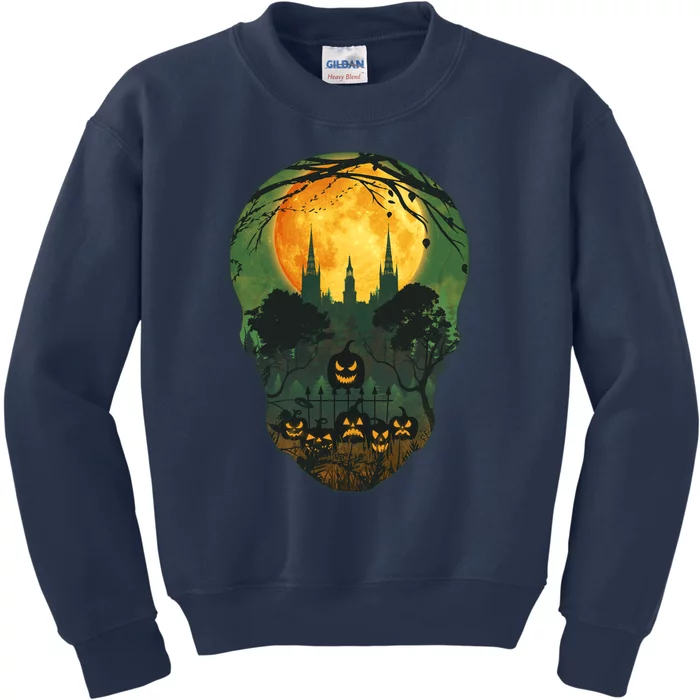 Halloween Spooky Full Moon Castle Skull Kids Sweatshirt