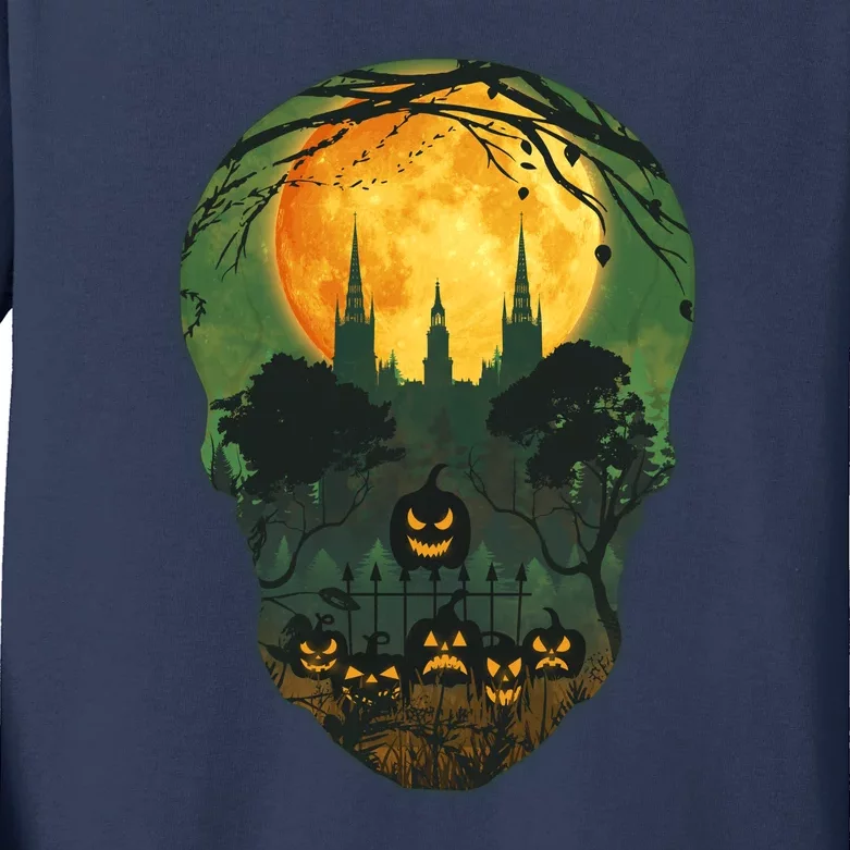 Halloween Spooky Full Moon Castle Skull Kids Long Sleeve Shirt