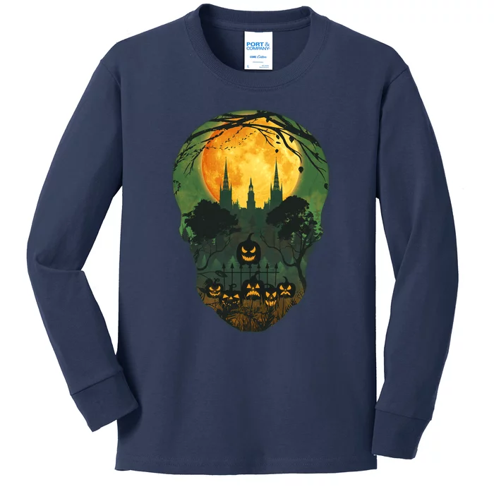 Halloween Spooky Full Moon Castle Skull Kids Long Sleeve Shirt