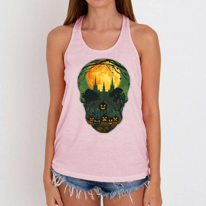 Halloween Spooky Full Moon Castle Skull Women's Knotted Racerback Tank