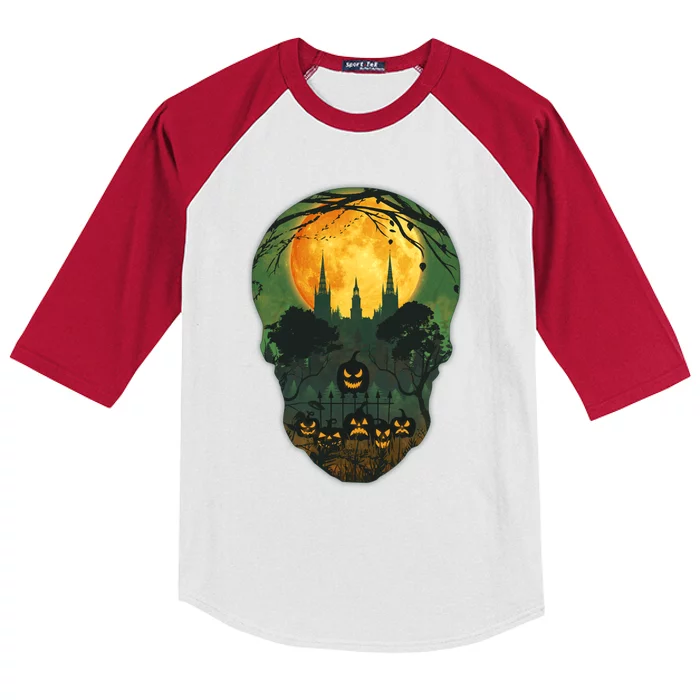 Halloween Spooky Full Moon Castle Skull Kids Colorblock Raglan Jersey