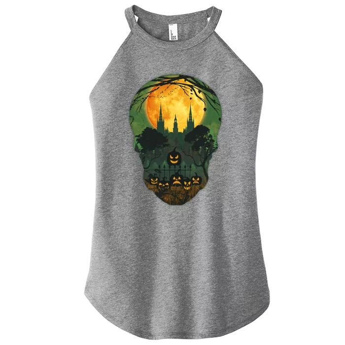 Halloween Spooky Full Moon Castle Skull Women’s Perfect Tri Rocker Tank