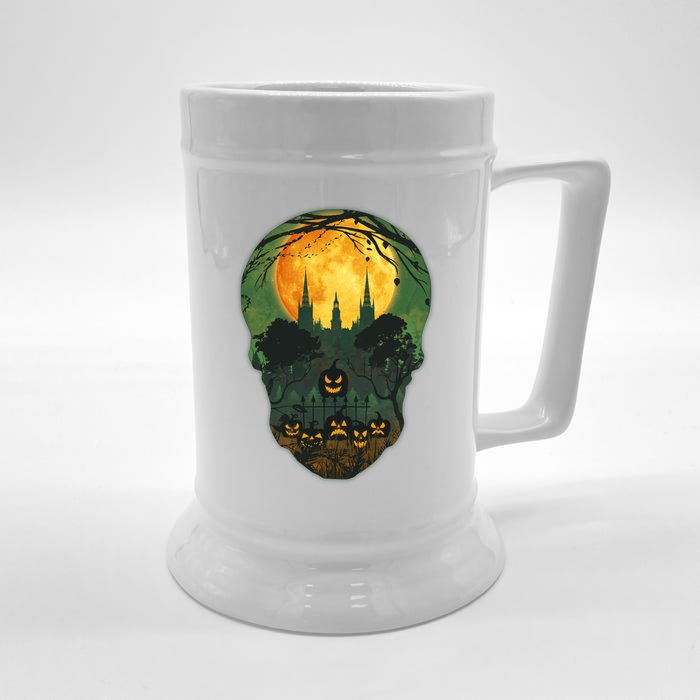 Halloween Spooky Full Moon Castle Skull Front & Back Beer Stein