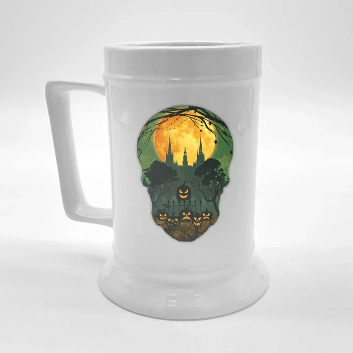 Halloween Spooky Full Moon Castle Skull Front & Back Beer Stein