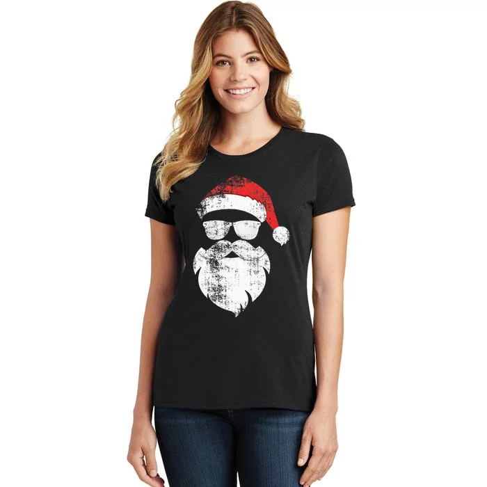 Hipster Santa Face With Hat Beard & Glasses Christmas Women's T-Shirt