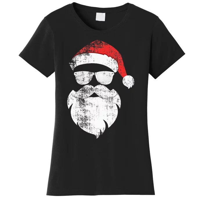 Hipster Santa Face With Hat Beard & Glasses Christmas Women's T-Shirt