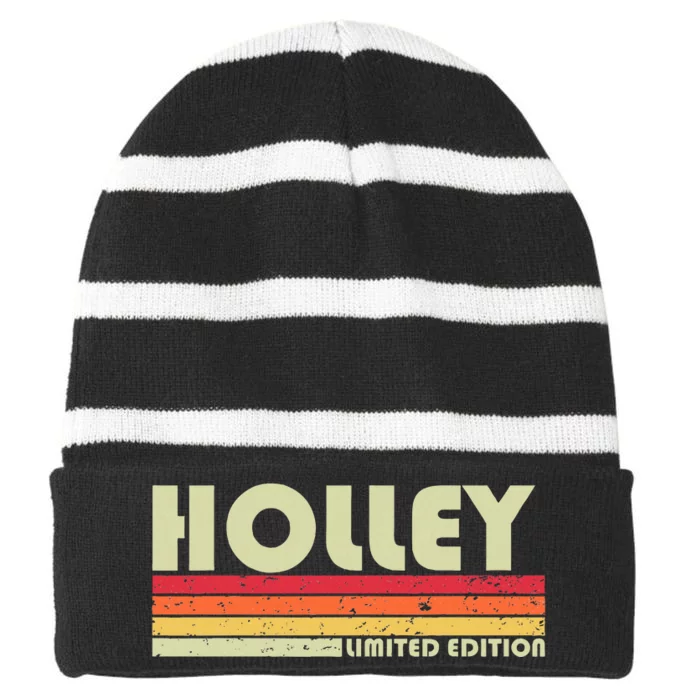 Holley Surname Funny Retro Vintage 80s 90s Birthday Reunion Striped Beanie with Solid Band