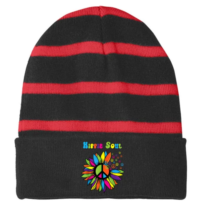 Hippie Soul Funny Peace Sign Daisy Flower Hippies Art Lovers Striped Beanie with Solid Band