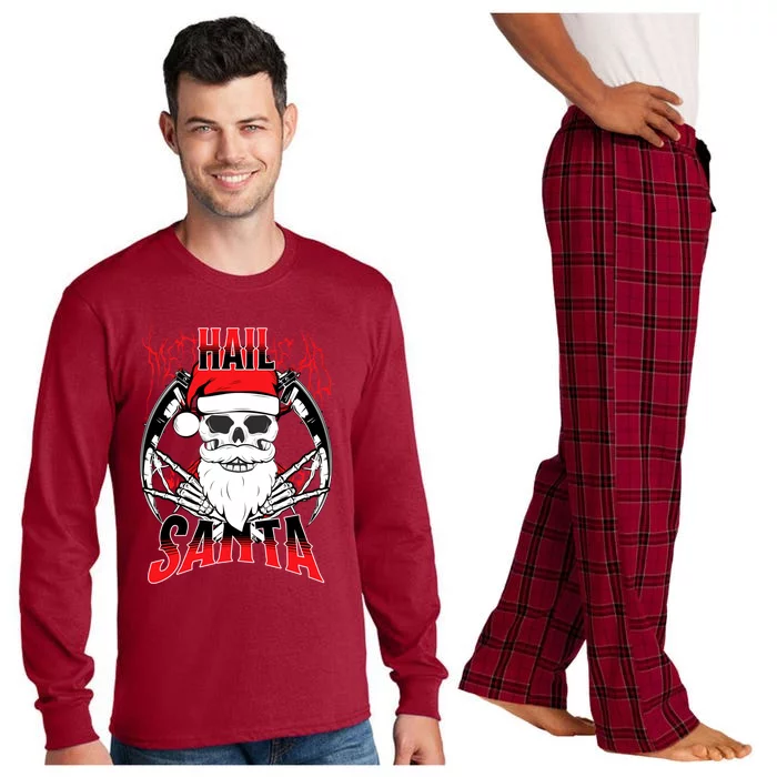 Hail Santa! Funny Christmas Rock On Santa Skeleton Cute Gift Long Sleeve Pajama Set