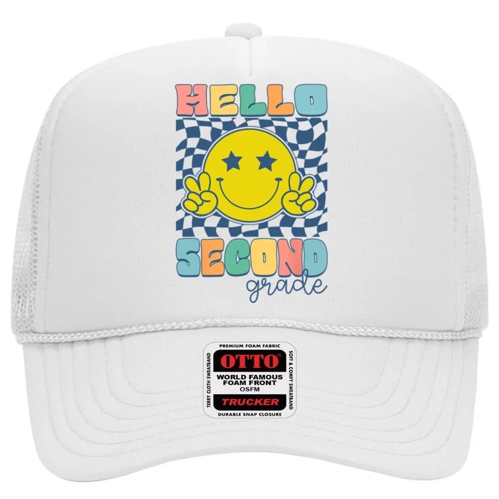 Hello Second Grade Retro Smile Team 2nd Grade Back To School High Crown Mesh Trucker Hat