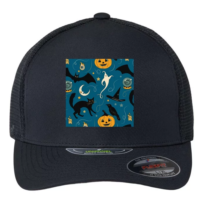 Halloween Spooky Ghost Pattern Flexfit Unipanel Trucker Cap