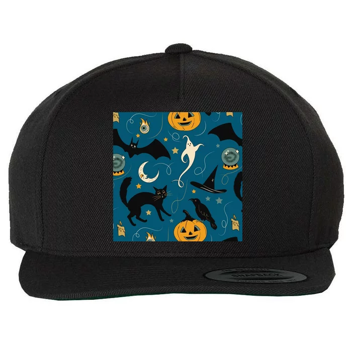 Halloween Spooky Ghost Pattern Wool Snapback Cap