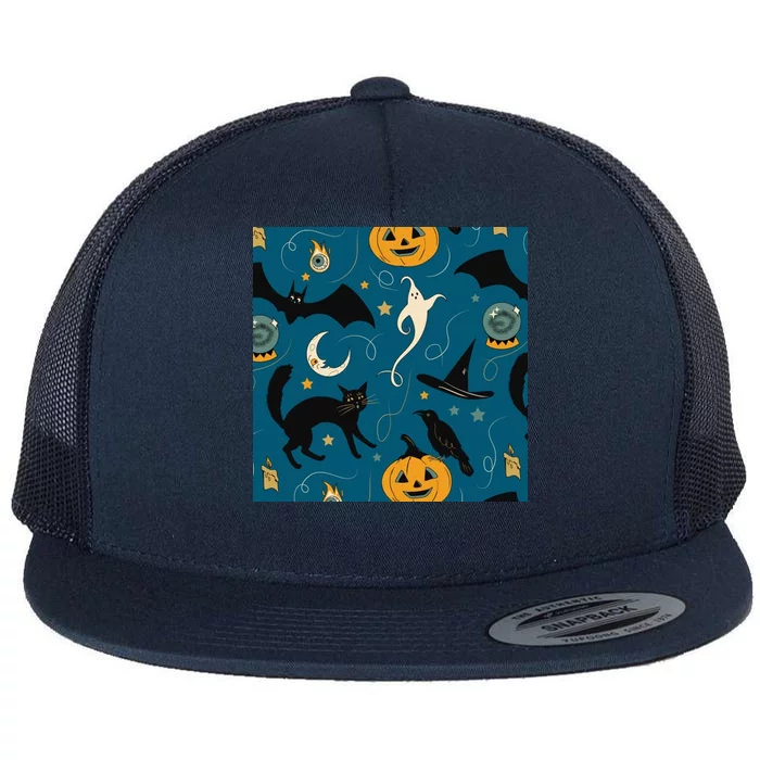 Halloween Spooky Ghost Pattern Flat Bill Trucker Hat