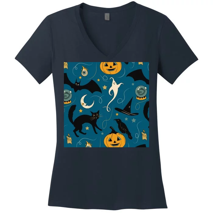 Halloween Spooky Ghost Pattern Women's V-Neck T-Shirt