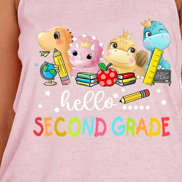 Hello Second Grade Crew Dinosaur First Day Teacher Gift Women's Knotted Racerback Tank