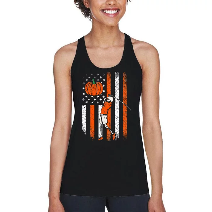 Halloween Skeleton Golf Player Fan Pumpkin American US Flag Women's Racerback Tank