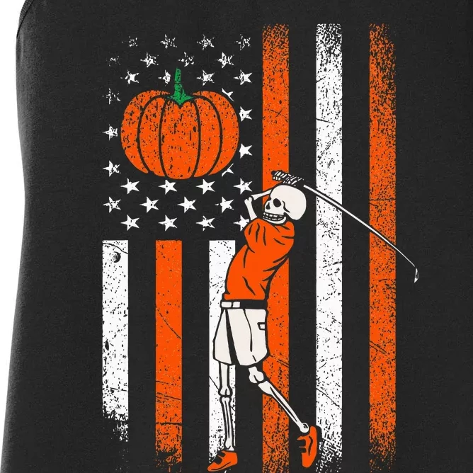 Halloween Skeleton Golf Player Fan Pumpkin American US Flag Women's Racerback Tank