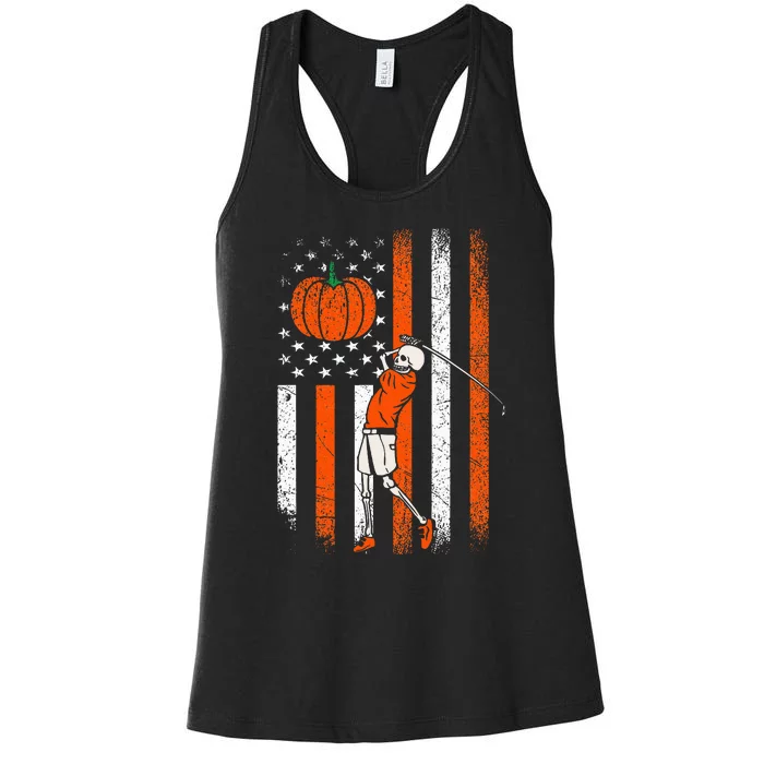 Halloween Skeleton Golf Player Fan Pumpkin American US Flag Women's Racerback Tank