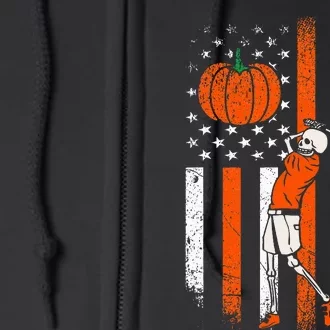 Halloween Skeleton Golf Player Fan Pumpkin American US Flag Full Zip Hoodie