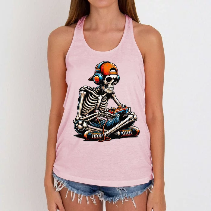 Halloween Skeleton Gamer Video Gaming Women's Knotted Racerback Tank