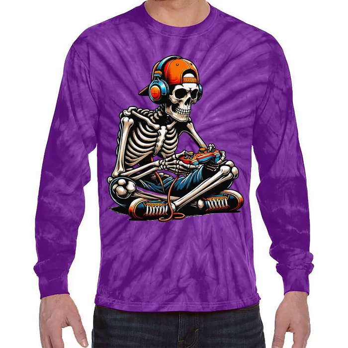 Halloween Skeleton Gamer Video Gaming Tie-Dye Long Sleeve Shirt