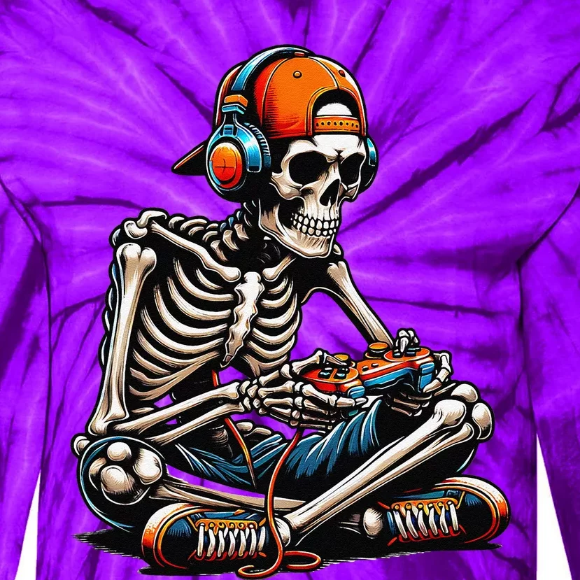 Halloween Skeleton Gamer Video Gaming Tie-Dye Long Sleeve Shirt