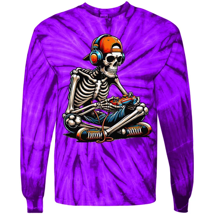 Halloween Skeleton Gamer Video Gaming Tie-Dye Long Sleeve Shirt