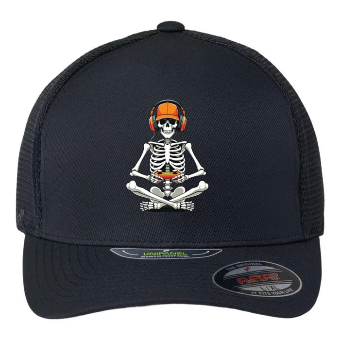 Halloween Skeleton Gamer Video Gaming Flexfit Unipanel Trucker Cap