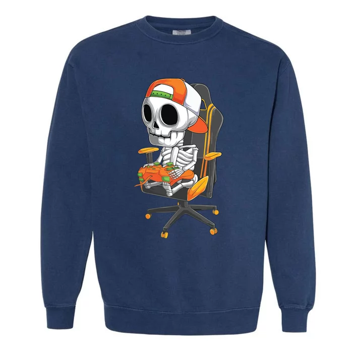 Halloween Skeleton Gamer Video Gaming Teens Garment-Dyed Sweatshirt