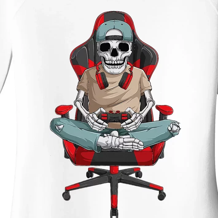 Halloween Skeleton Gamer Video Gaming Women's Perfect Tri Tunic Long Sleeve Shirt