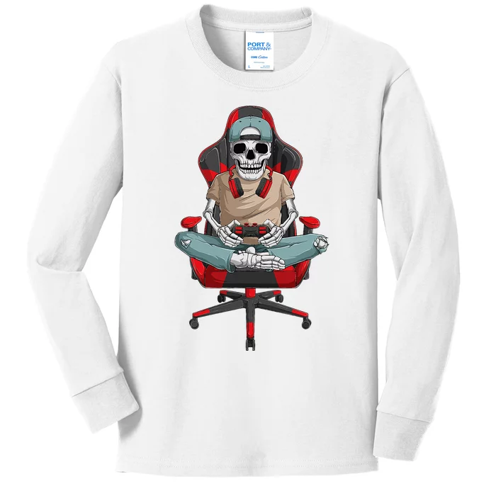 Halloween Skeleton Gamer Video Gaming Kids Long Sleeve Shirt