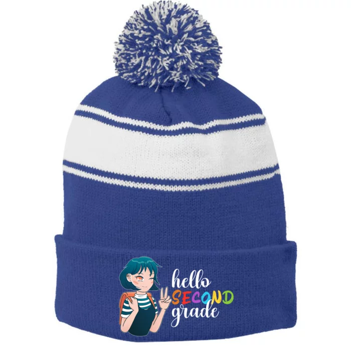 Hello Second Grade Anime Going To School Funny Gift Stripe Pom Pom Beanie