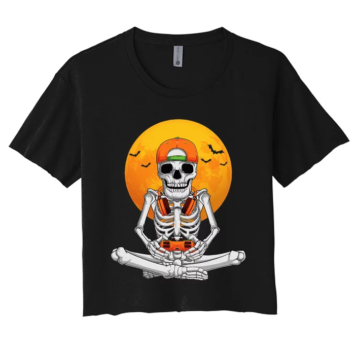 Halloween Skeleton Gamer Video Gaming Women's Crop Top Tee