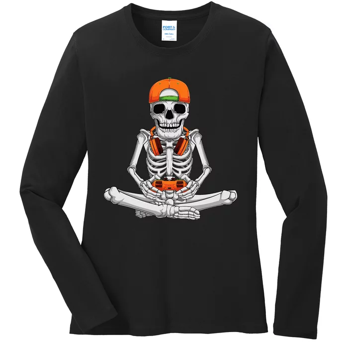 Halloween Skeleton Gamer Video Gaming Ladies Long Sleeve Shirt